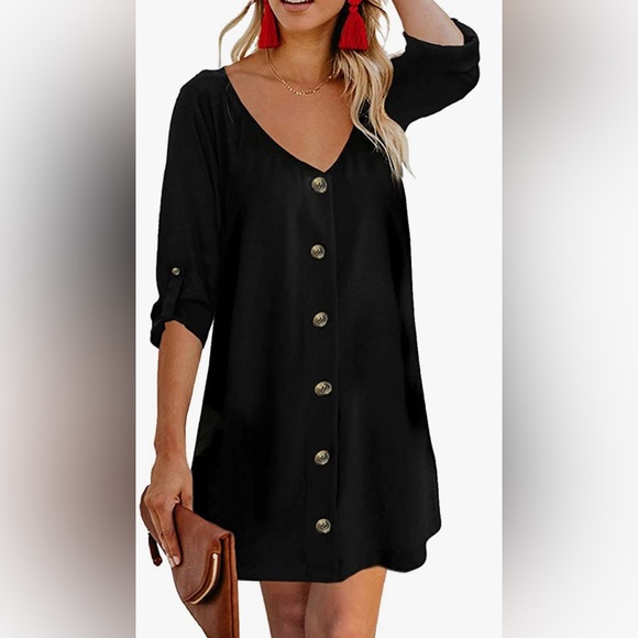 Black Dress with 3/4 Sleeves + Buttons - Picture 1 of 5